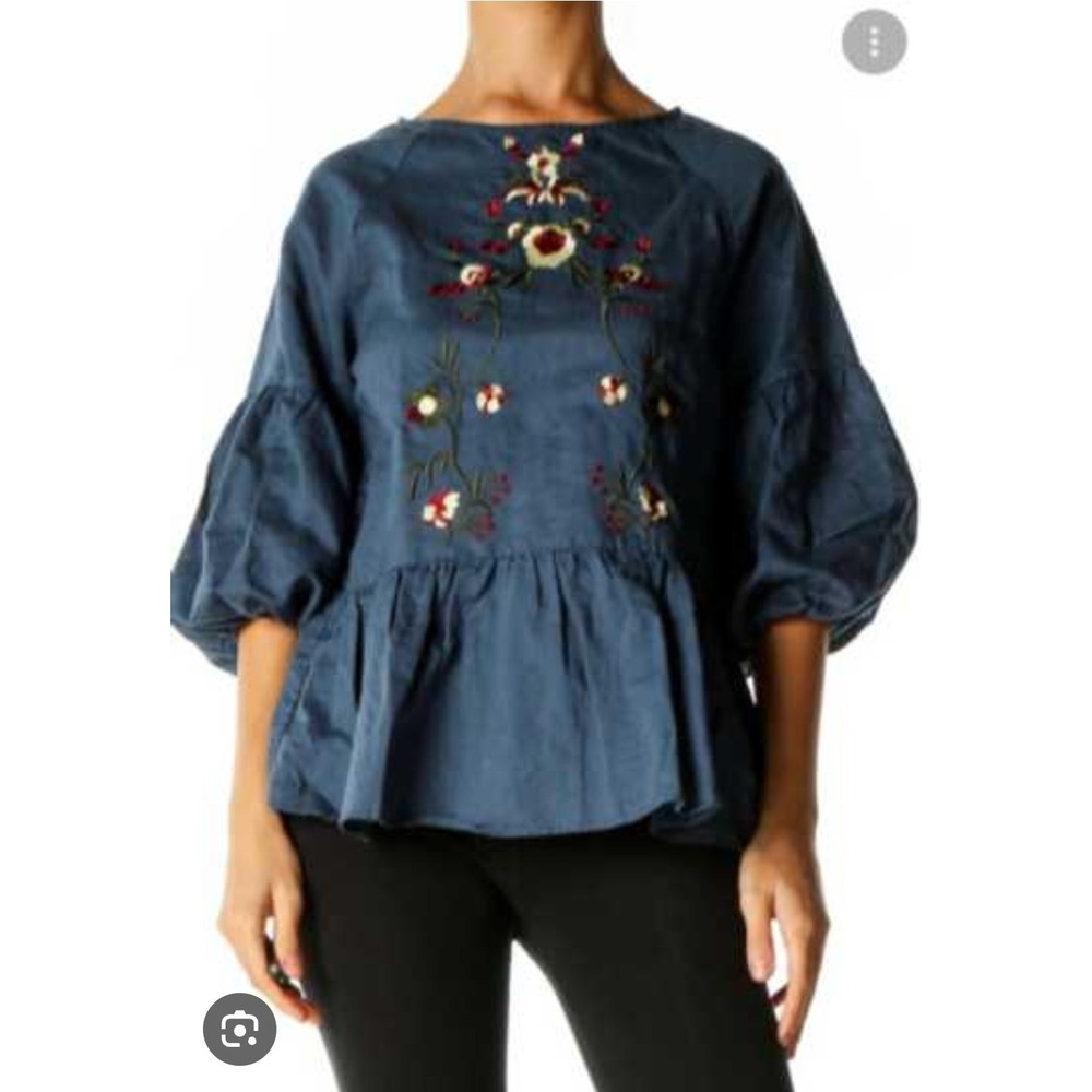 Hidden Alley Embroidered Blouse Sz S Blue Ballon Sleeve Linen Blend Boho‎ Top